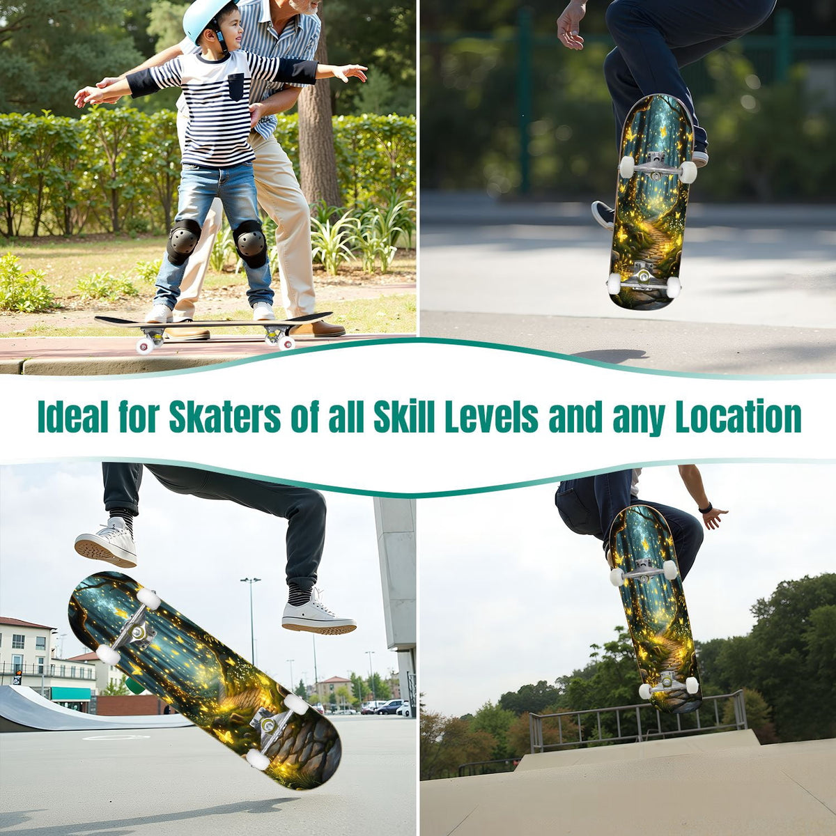 31"x8" Complete Skateboards for Beginners, Magical Forest Glowing Mushrooms Twinkling Fantasy Double Kick 7 Ply Canadian Maple Deck Skateboard with Wheels, Gifts for Kids Teens