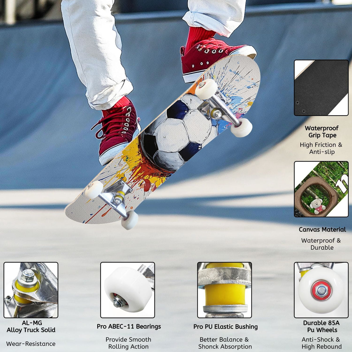 31" x 8" Complete Skateboard,7-ply Maple Deck Abstract Soccer Ball Vibrant Paint Splashes Drips Skate Board for Beginners