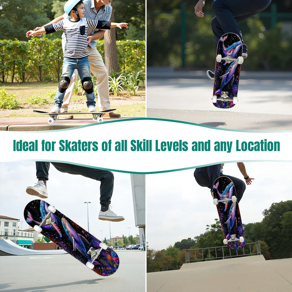 31"x8" Complete Skateboards for Beginners, Colorful Cosmic Octopus Tentacles Starry Marine Life Double Kick 7 Ply Canadian Maple Deck Skateboard with Wheels, Gifts for Kids Teens