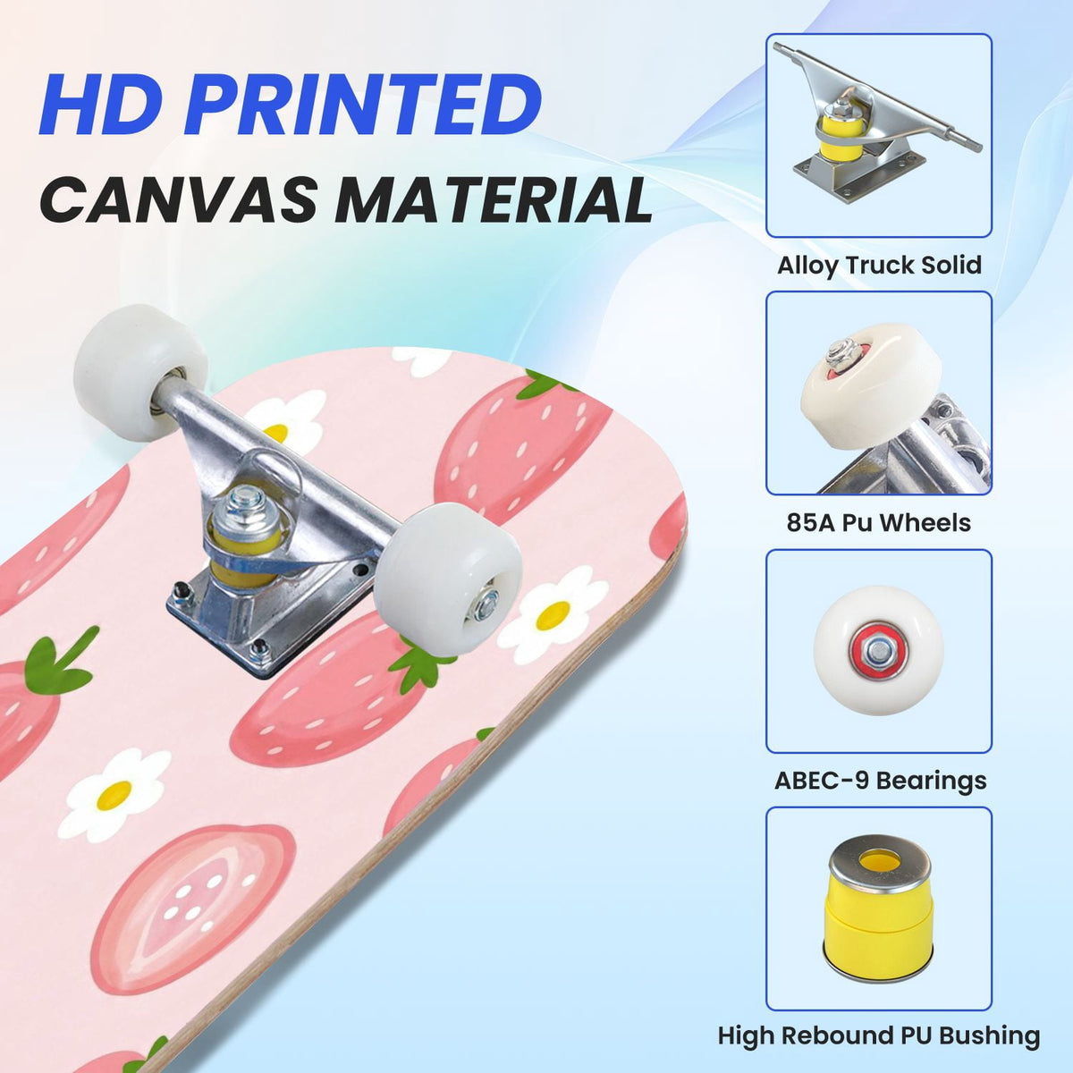 31"x8" Complete Skateboards for Beginners, Cherry Blossom Red Cherry Seamless Pink Botanical Double Kick 7 Ply Canadian Maple Deck Skateboard with Wheels, Gifts for Girls Teens