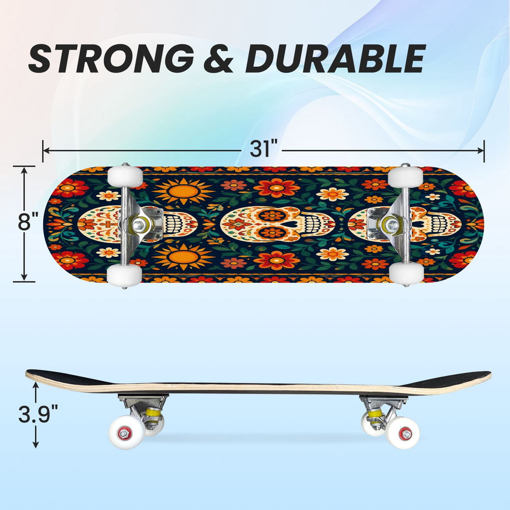 31"x8" Complete Skateboards for Beginners, Colorful Sugar Skull Vibrant Floral Day of the Dead Double Kick 7 Ply Canadian Maple Deck Skateboard with Wheels, Gifts for Kids Teens