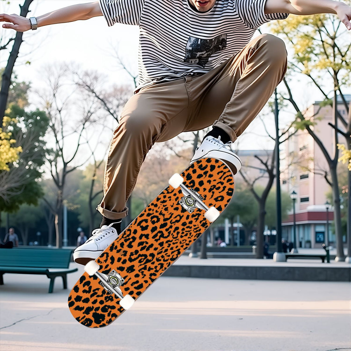 31"x8" Complete Skateboards for Beginners,Leopard Print Black Brown Beige Double Kick 7 Ply Canadian Maple Deck Skateboard with Wheels, Gifts for Kids Teens