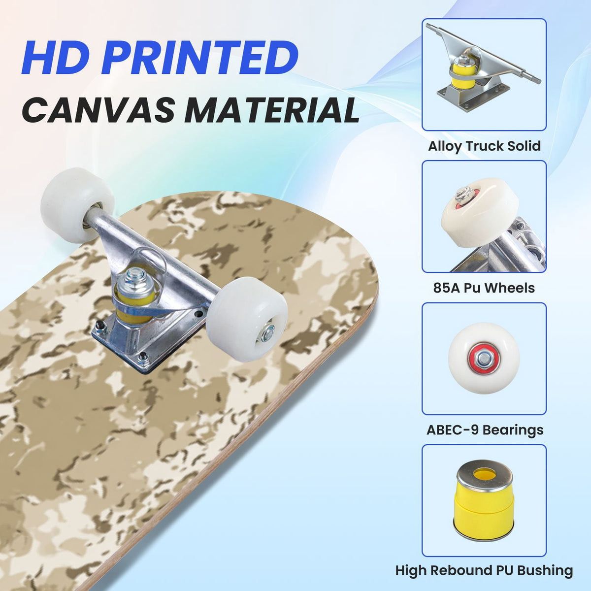 31"x8" Complete Skateboards for Beginners,Desert Camouflage Beige Tan Cream Organic Abstract Shapes Double Kick 7 Ply Canadian Maple Deck Skateboard with Wheels, Gifts for Kids Teens