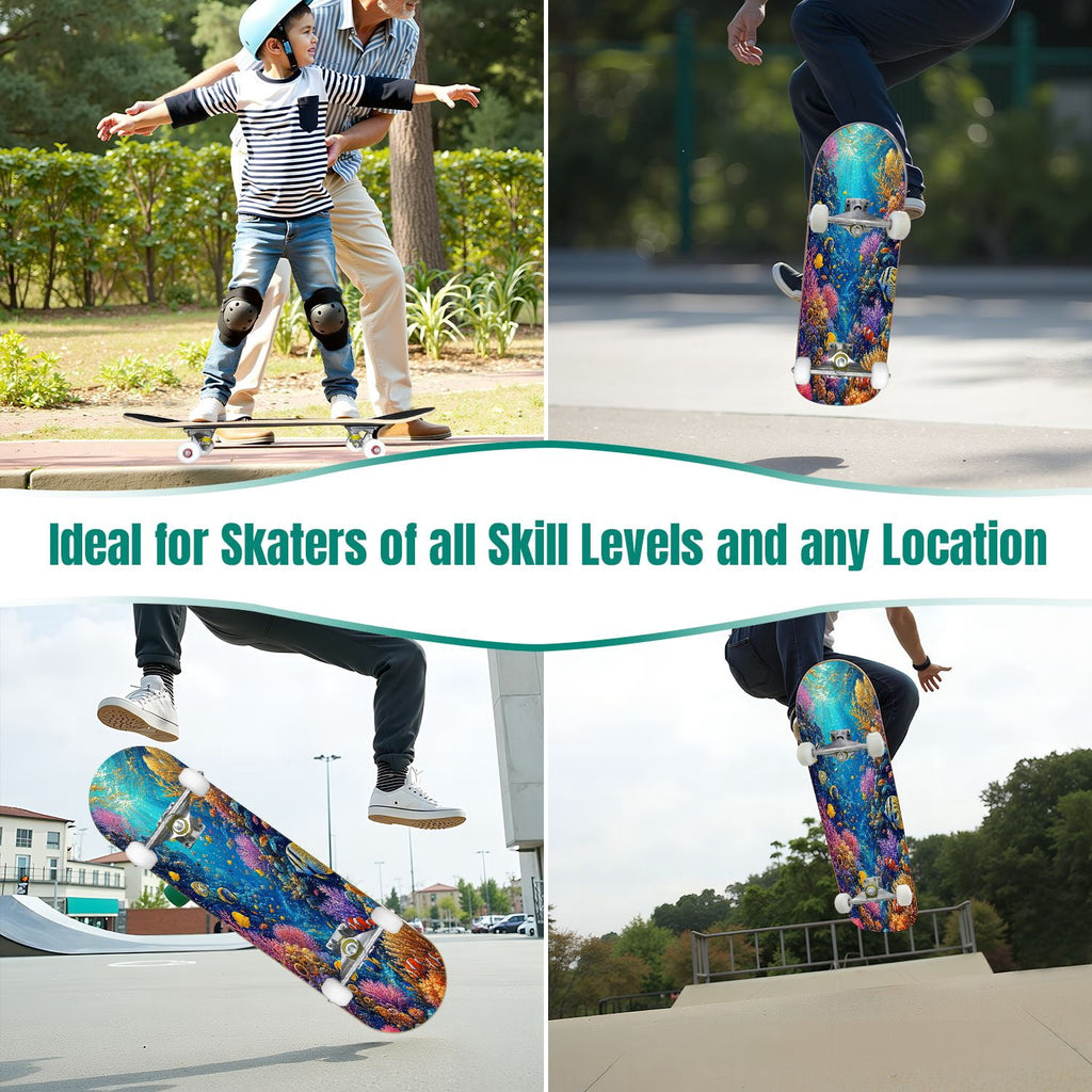 31"x8" Complete Skateboards for Beginners, Colorful Turtle Floral Shell Starry Night Marine Life Double Kick 7 Ply Canadian Maple Deck Skateboard with Wheels, Gifts for Kids Teens