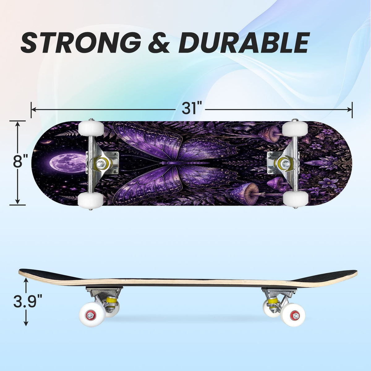 31"x8" Complete Skateboards for Beginners, Blue Moth Moonlight Flowers Mushrooms Forest Double Kick 7 Ply Canadian Maple Deck Skateboard with Wheels, Gifts for Kids Teens