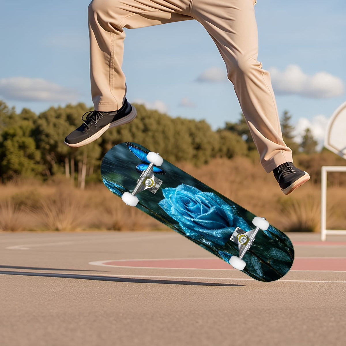 Rose Teal Rose Painting Turquoise Blue Flower Kitchen Decor 31" x 8" Complete Skateboard, 7-Ply Canadian Maple Double Kick Trick Board for Kids and Beginners Adult Gifts