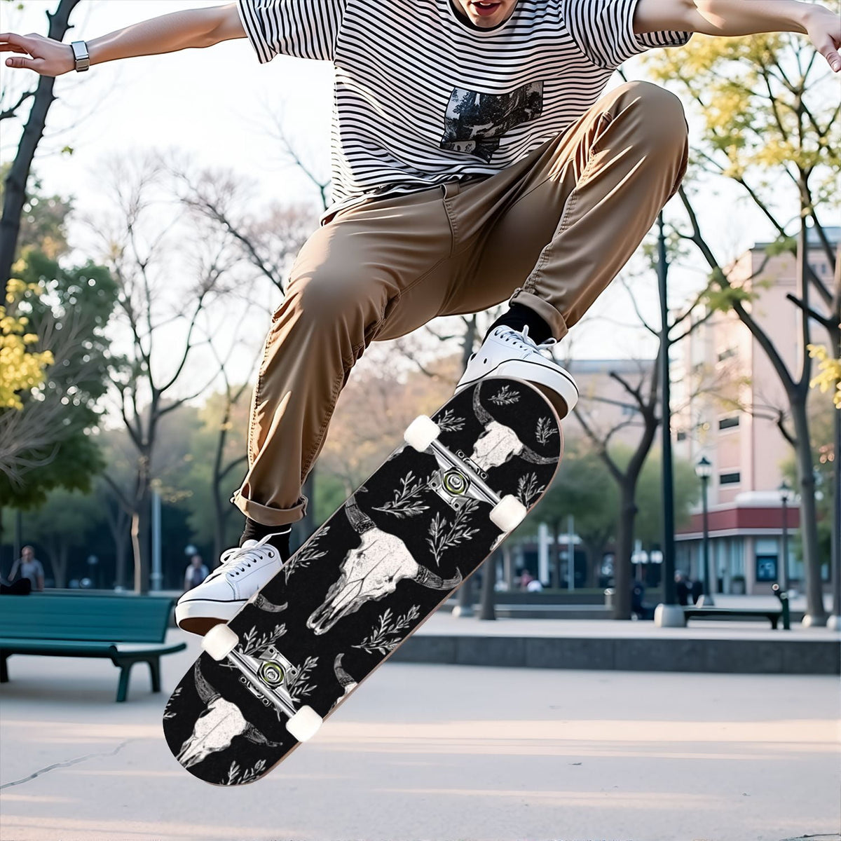 31"x8" Complete Skateboards for Beginners, Soft Blue Cream Striped Design Double Kick 7 Ply Canadian Maple Deck Skateboard with Wheels, Gifts for Kids Teens