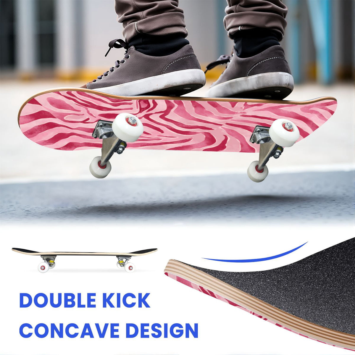 31"x8" Complete Skateboards for Beginners,Leopard Print Black Brown Beige Double Kick 7 Ply Canadian Maple Deck Skateboard with Wheels, Gifts for Kids Teens