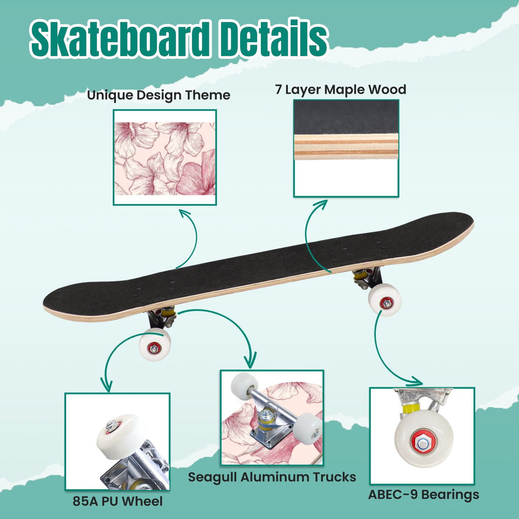 Delicate Pink Floral Ribbon Design 31" x 8" Complete Skateboard, 7-Ply Canadian Maple Double Kick Trick Board for Kids and Beginners Adult Gifts