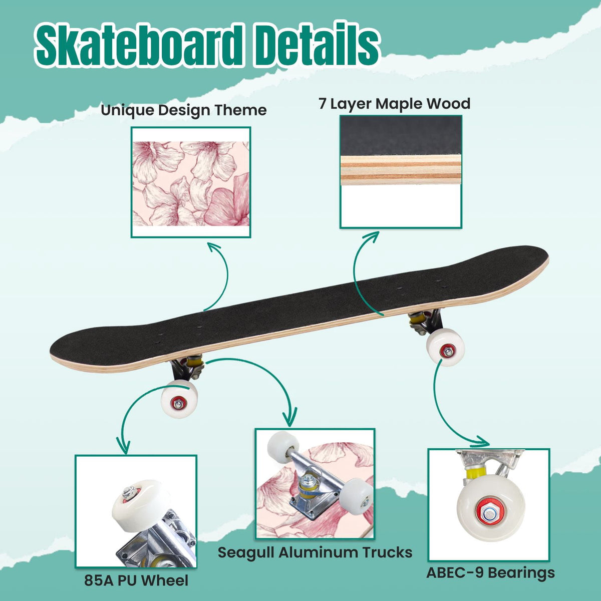 Delicate Pink Floral Ribbon Design 31" x 8" Complete Skateboard, 7-Ply Canadian Maple Double Kick Trick Board for Kids and Beginners Adult Gifts