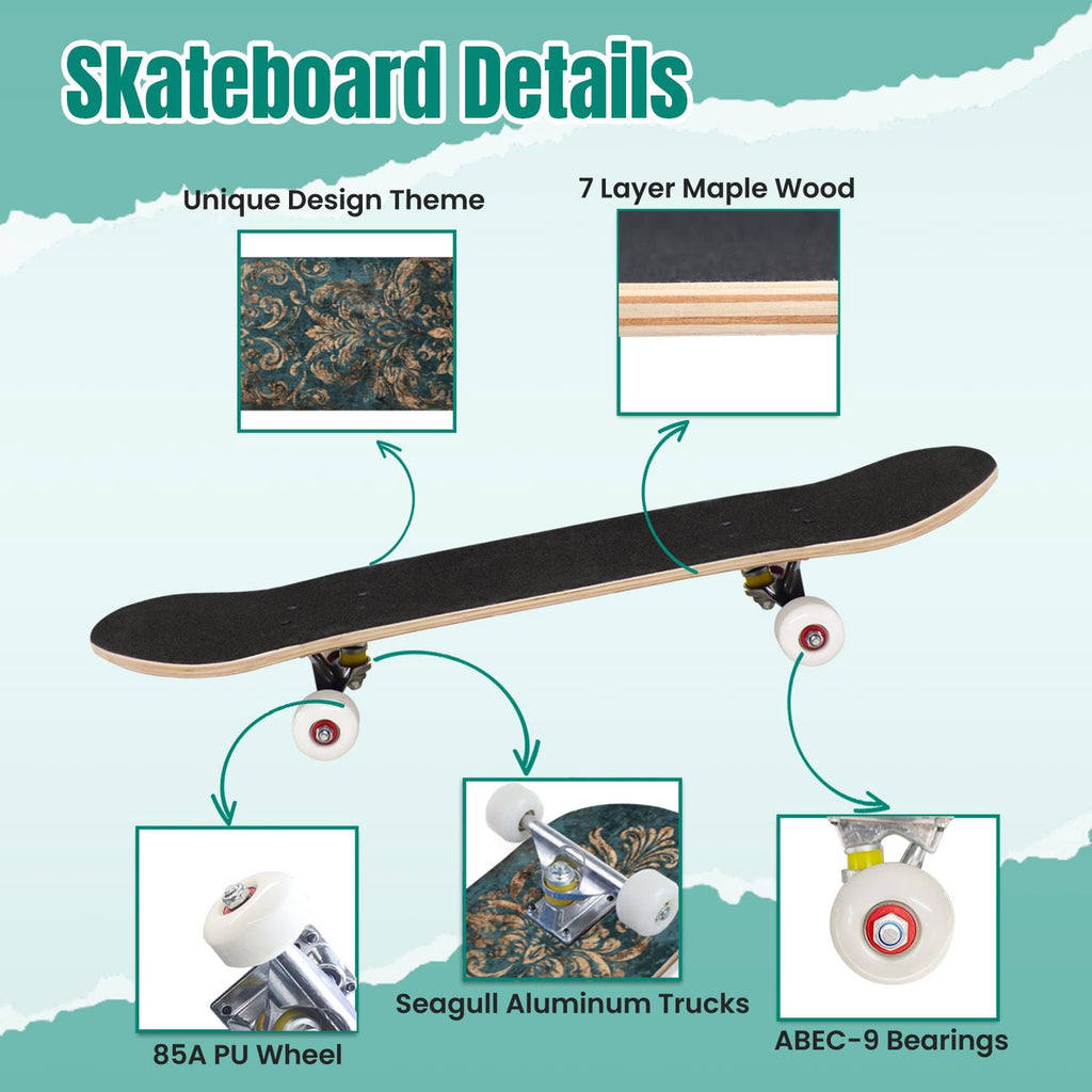 Vintage Damask Light Blue Brown Tones 31" x 8" Complete Skateboard, 7-Ply Canadian Maple Double Kick Trick Board for Kids and Beginners Adult Gifts