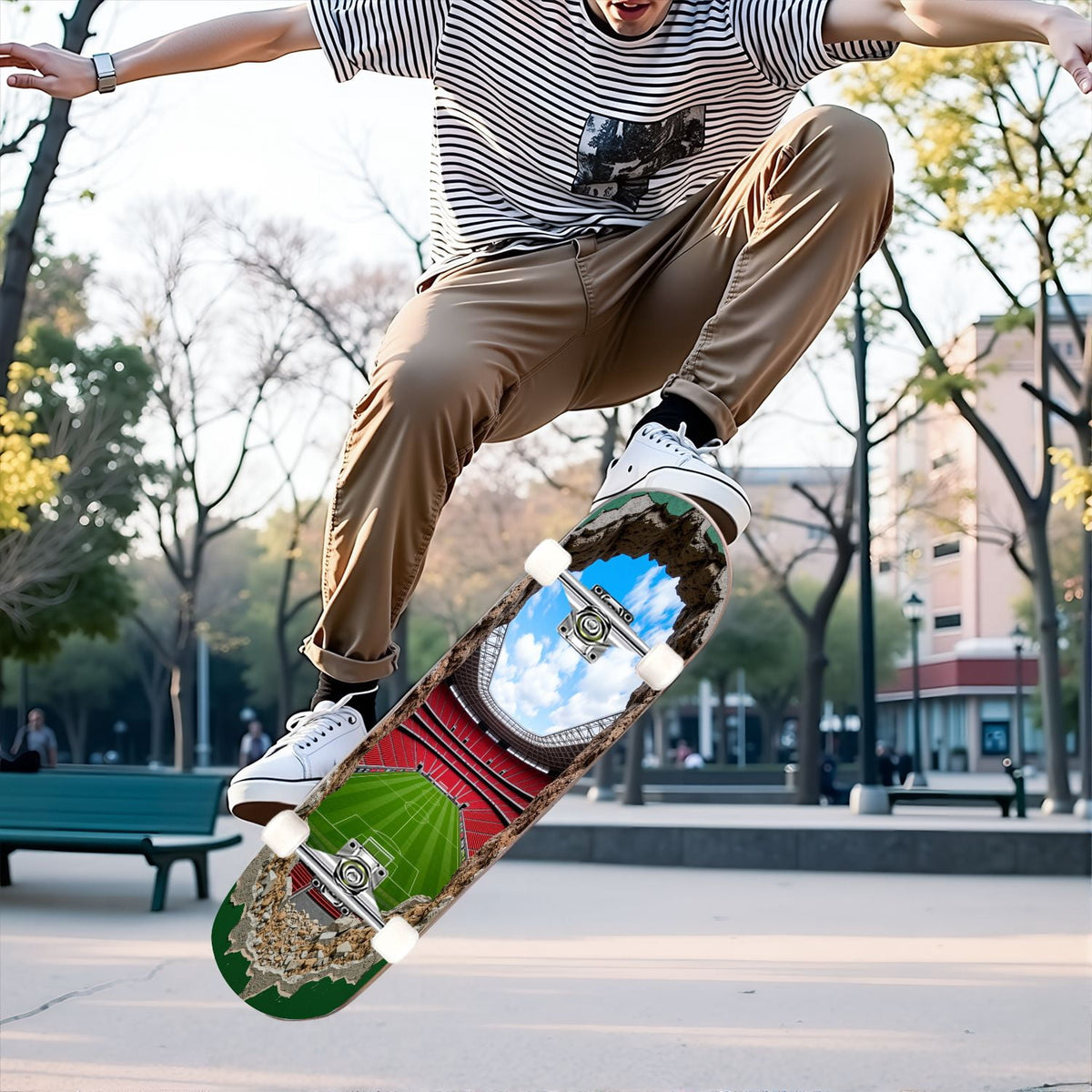 31"x8" Complete Skateboards for Beginners, Pink Bow Heart Vertical Stripes Romantic Double Kick 7 Ply Canadian Maple Deck Skateboard with Wheels, Gifts for Kids Teens