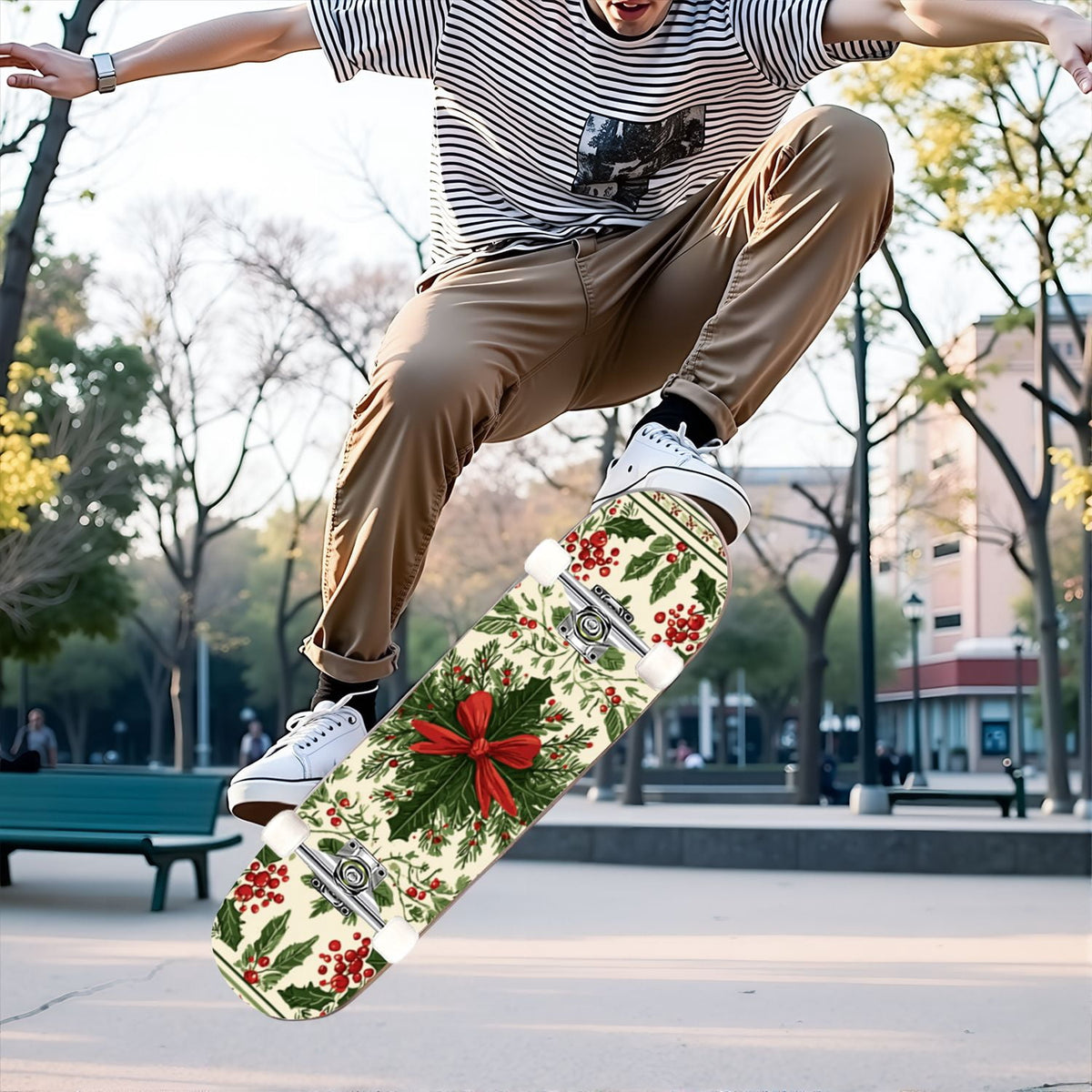 31"x8" Complete Skateboards for Beginners, Red White Vertical Striped Retro Circus Double Kick 7 Ply Canadian Maple Deck Skateboard with Wheels, Gifts for Kids Teens