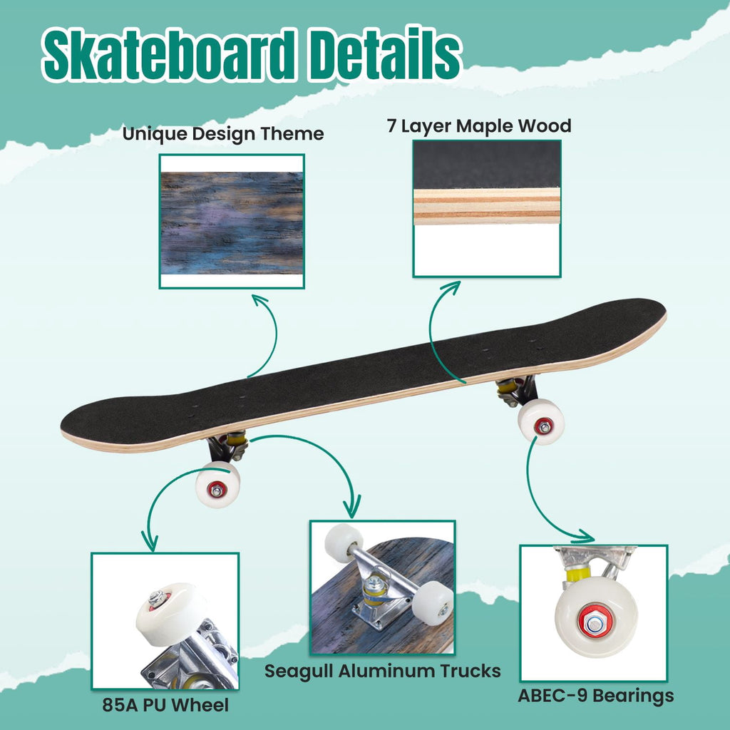 Vibrant Chrysanthemum Floral Bold Pink Purple Blooms 31" x 8" Complete Skateboard, 7-Ply Canadian Maple Double Kick Trick Board for Kids and Beginners Adult Gifts