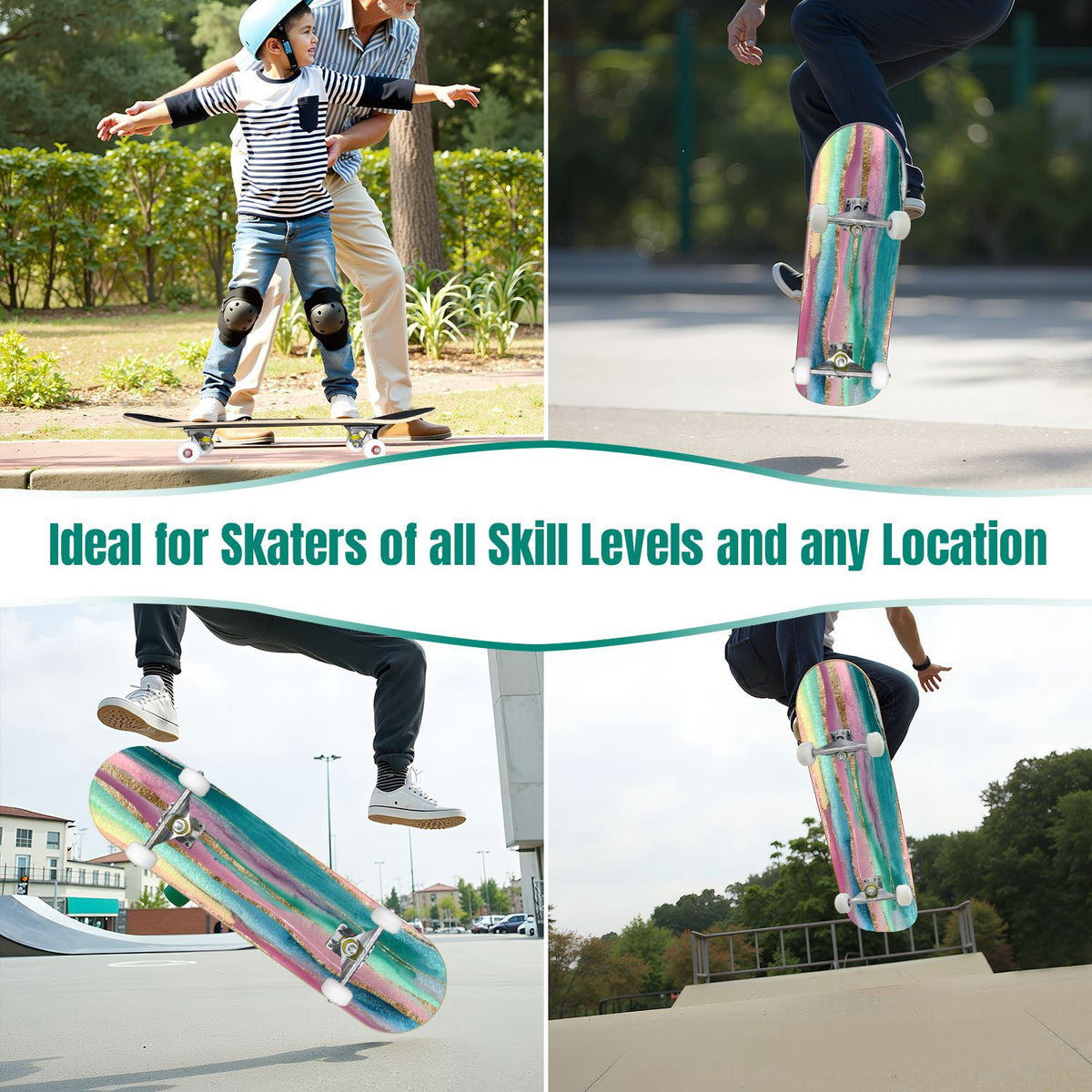 Seashells Starfish Sandy Beach Soft Lighting 31" x 8" Complete Skateboard, 7-Ply Canadian Maple Double Kick Trick Board for Kids and Beginners Adult Gifts