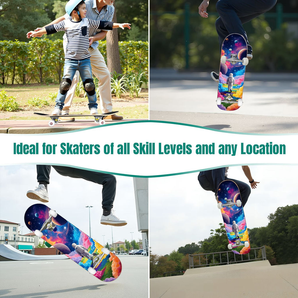 31"x8" Complete Skateboards for Beginners,Black Hexagon Honeycomb Glowing Blue Accents Double Kick 7 Ply Canadian Maple Deck Skateboard with Wheels, Gifts for Kids Teens