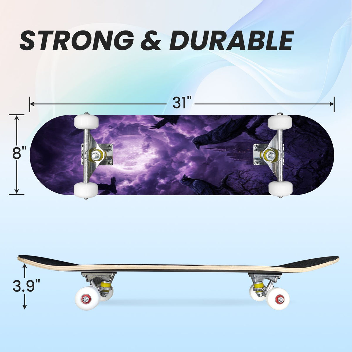 31"x8" Complete Skateboards for Beginners, Romantic Skeletons Blooming Roses Dark Academia Double Kick 7 Ply Canadian Maple Deck Skateboard with Wheels, Gifts for Kids Teens