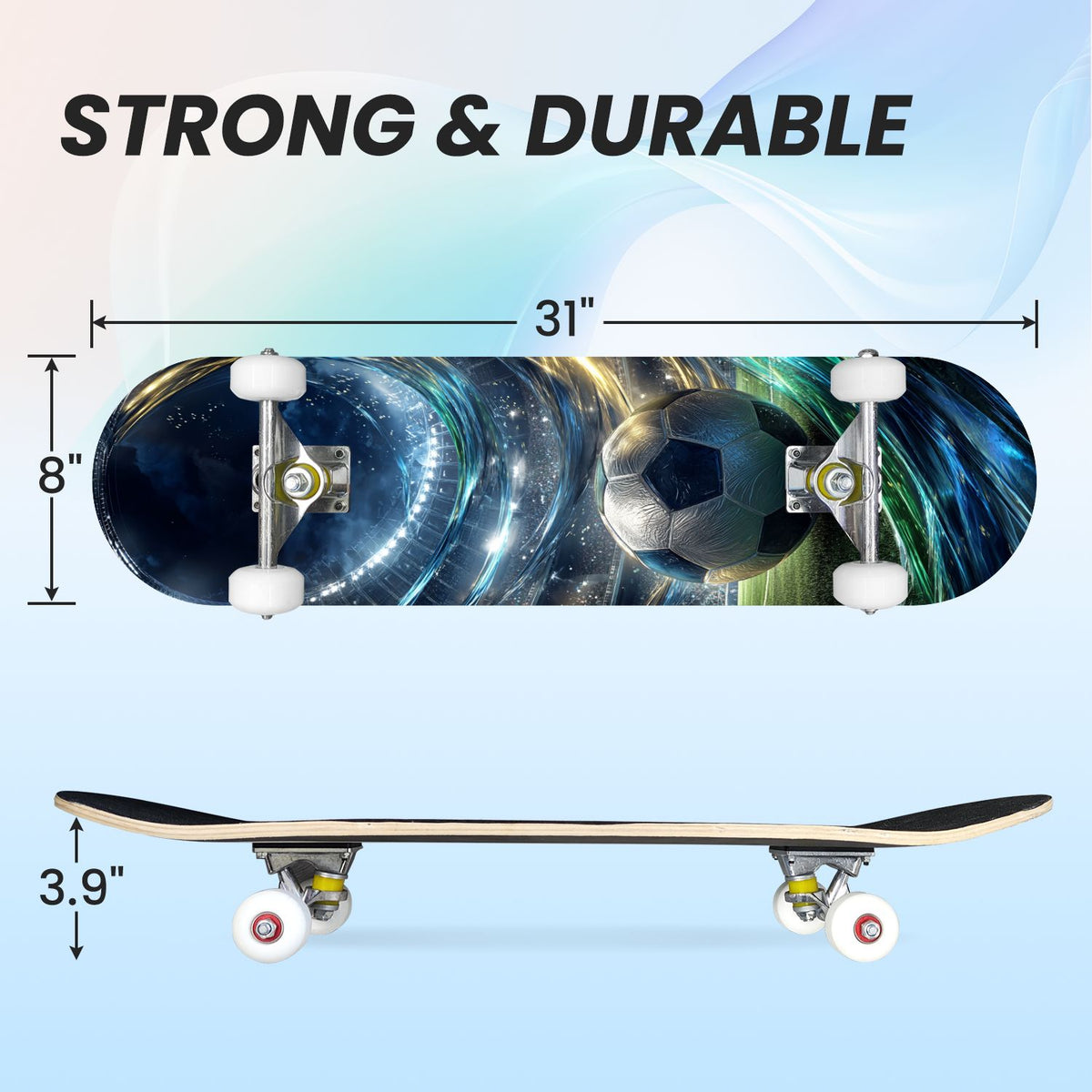 31"x8" Complete Skateboards for Beginners,Abstract Soccer Ball Vibrant Paint Splashes Drips Double Kick 7 Ply Canadian Maple Deck Skateboard with Wheels, Sports Gifts for Kids Teens