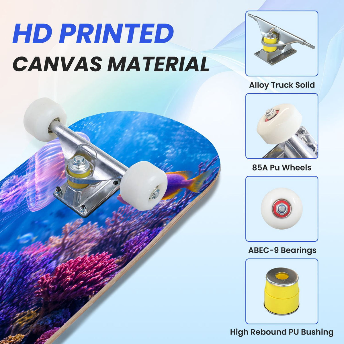 31"x8" Complete Skateboards for Beginners, Colorful Underwater Two Seahorses Coral Reefs Double Kick 7 Ply Canadian Maple Deck Skateboard with Wheels, Gifts for Kids Teens