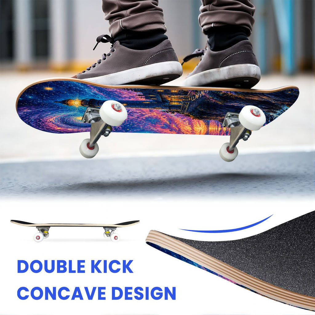 31"x8" Complete Skateboards for Beginners, Underwater Sharks Glowing Purple Jellyfish Marine Life Double Kick 7 Ply Canadian Maple Deck Skateboard with Wheels, Gifts for Kids Teens