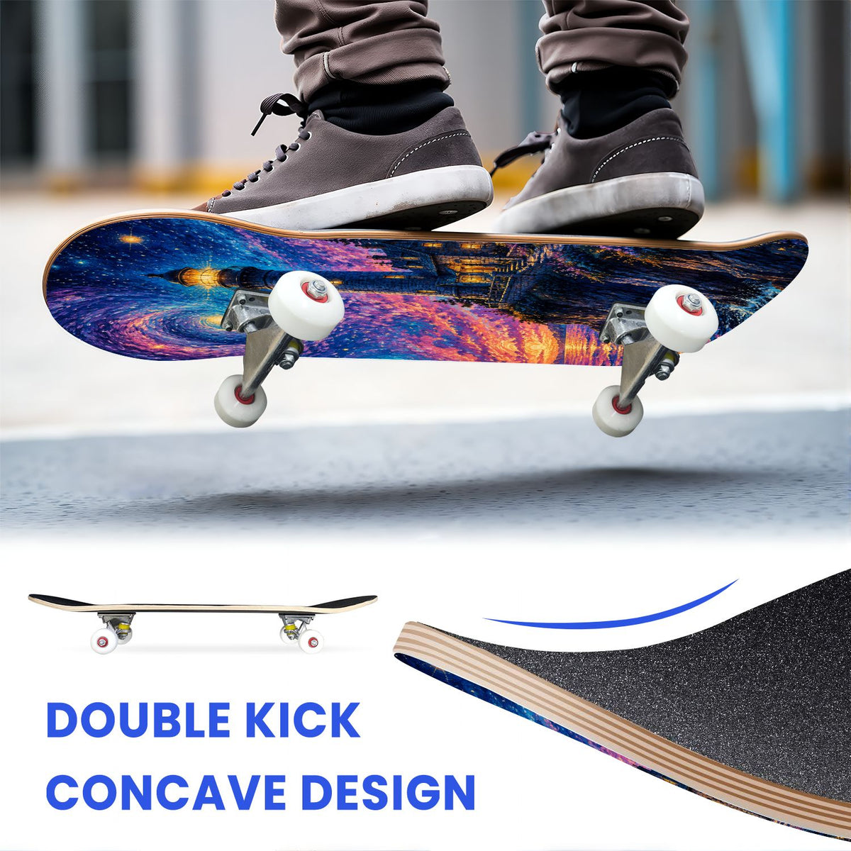 31"x8" Complete Skateboards for Beginners, Underwater Sharks Glowing Purple Jellyfish Marine Life Double Kick 7 Ply Canadian Maple Deck Skateboard with Wheels, Gifts for Kids Teens