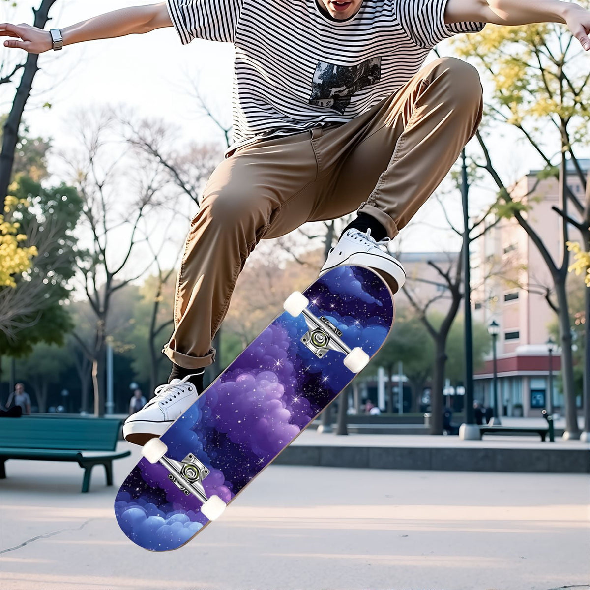 31"x8" Complete Skateboards for Beginners, Pastel Sky Fluffy Clouds Pink Purple Blue Summer Decor Double Kick 7 Ply Canadian Maple Deck Skateboard with Wheels, Gifts for Kids Teens