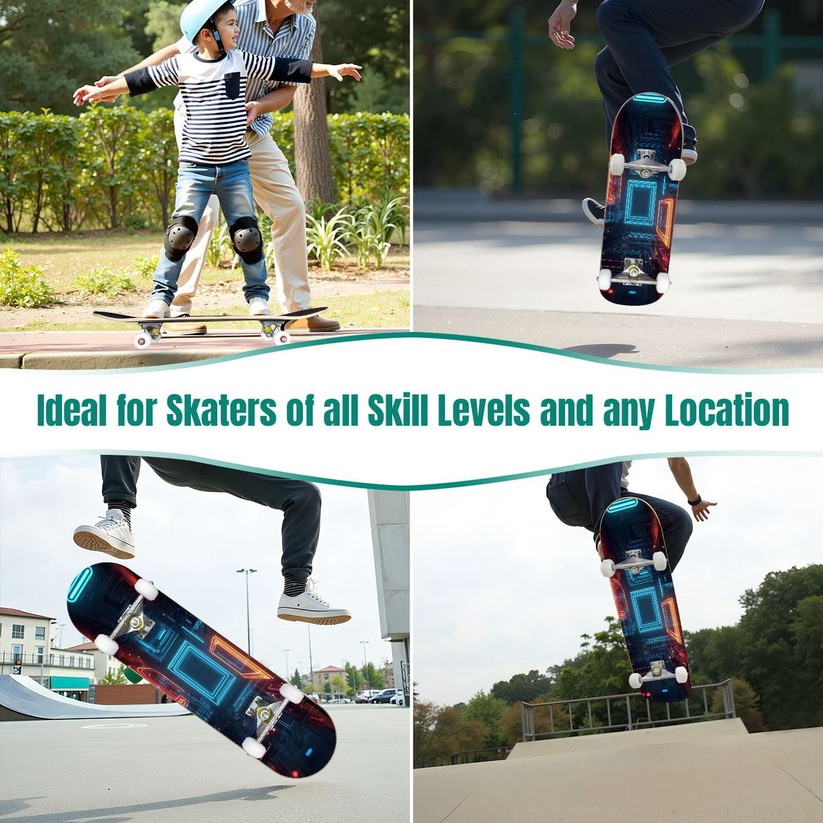 Glowing Futuristic Cubic Tunnel Metallic Tiles Bright Light 31" x 8" Complete Skateboard, 7-Ply Canadian Maple Double Kick Trick Board for Kids and Beginners Adult Gifts