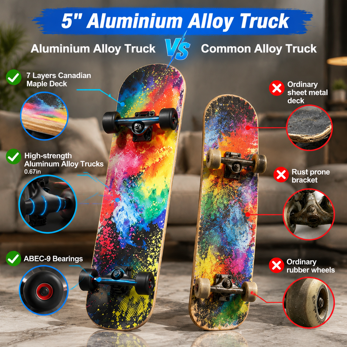 Vivid Standard Complete Skateboard for Beginners Adults Teens, 7 Layer Canadian Maple, Double Kick Concave