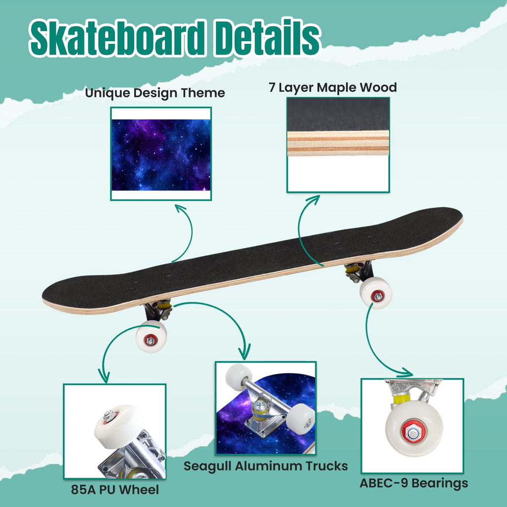 Vibrant Purple Blue Cosmic Galaxy Stars Nebula Clouds 31" x 8" Complete Skateboard, 7-Ply Canadian Maple Double Kick Trick Board for Kids and Beginners Adult Gifts