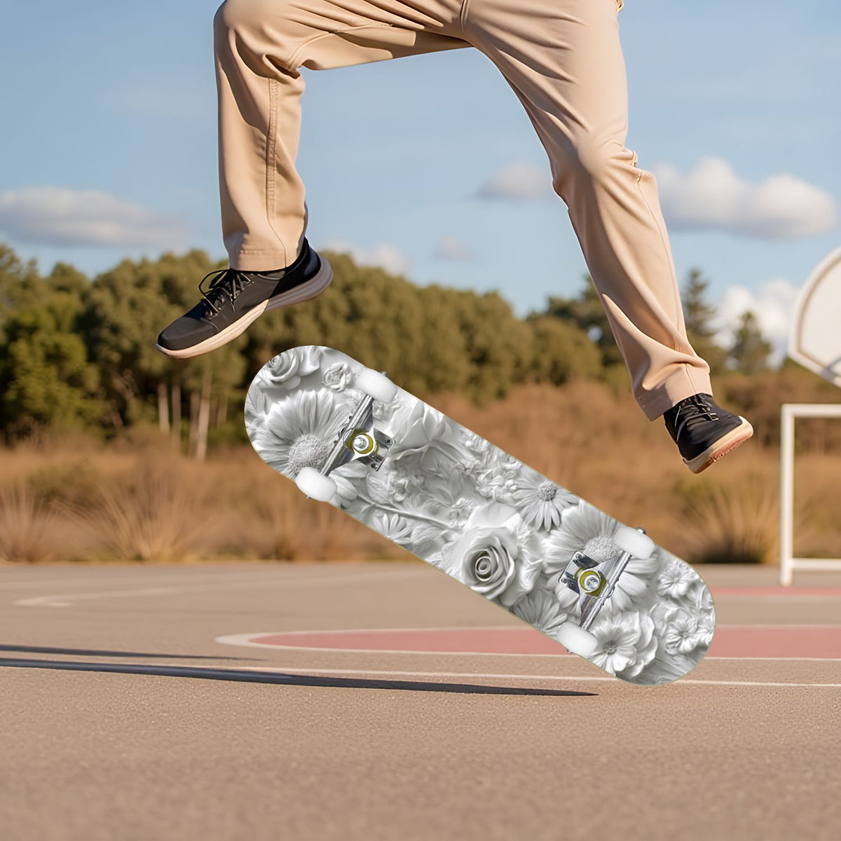 Delicate White Lotus Flowers Leaves Soft Blue 31" x 8" Complete Skateboard, 7-Ply Canadian Maple Double Kick Trick Board for Kids and Beginners Adult Gifts