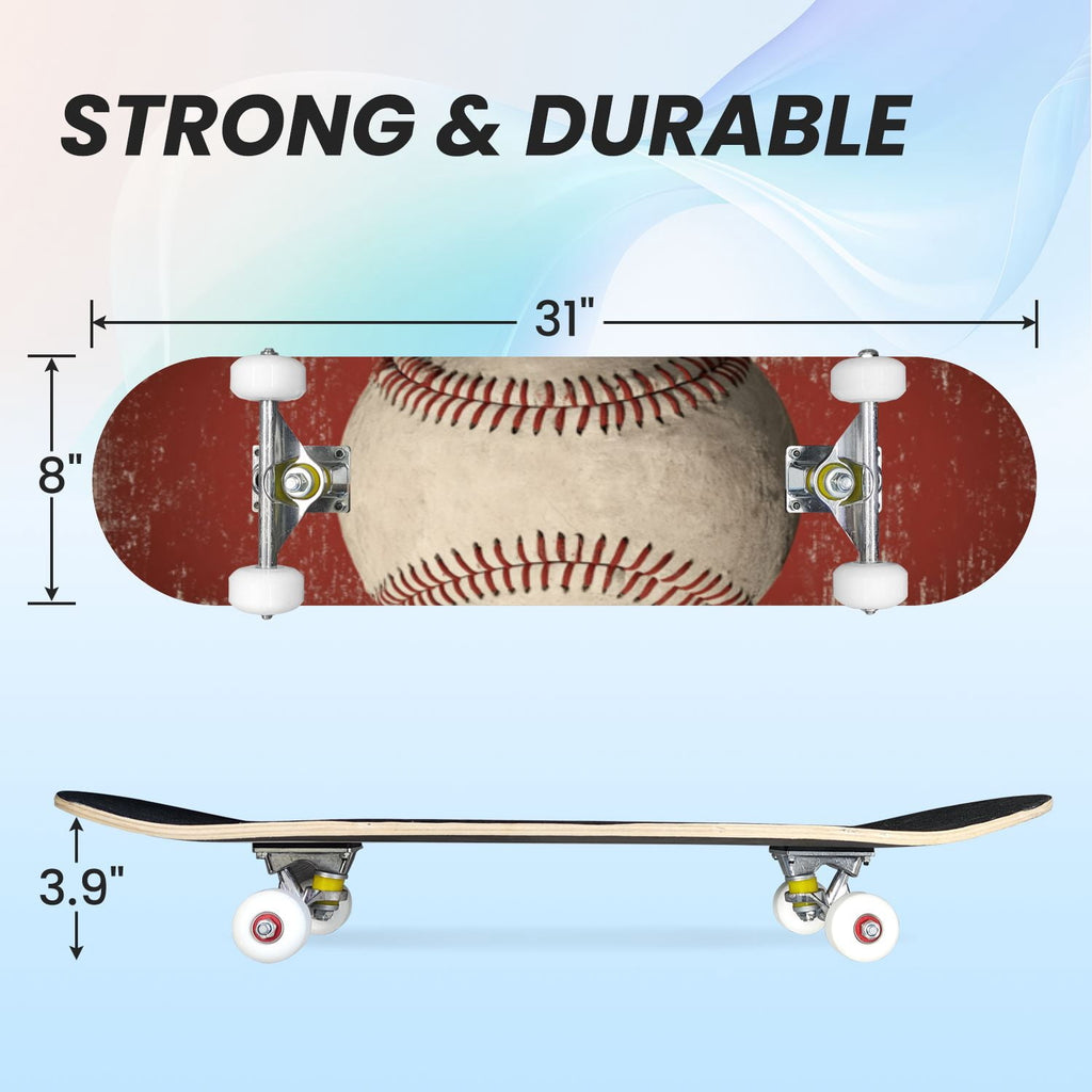 31"x8" Complete Skateboards for Beginners,Vintage Baseball Worn Red Stitches Rustic Double Kick 7 Ply Canadian Maple Deck Skateboard with Wheels, Sports Gifts for Kids Teens