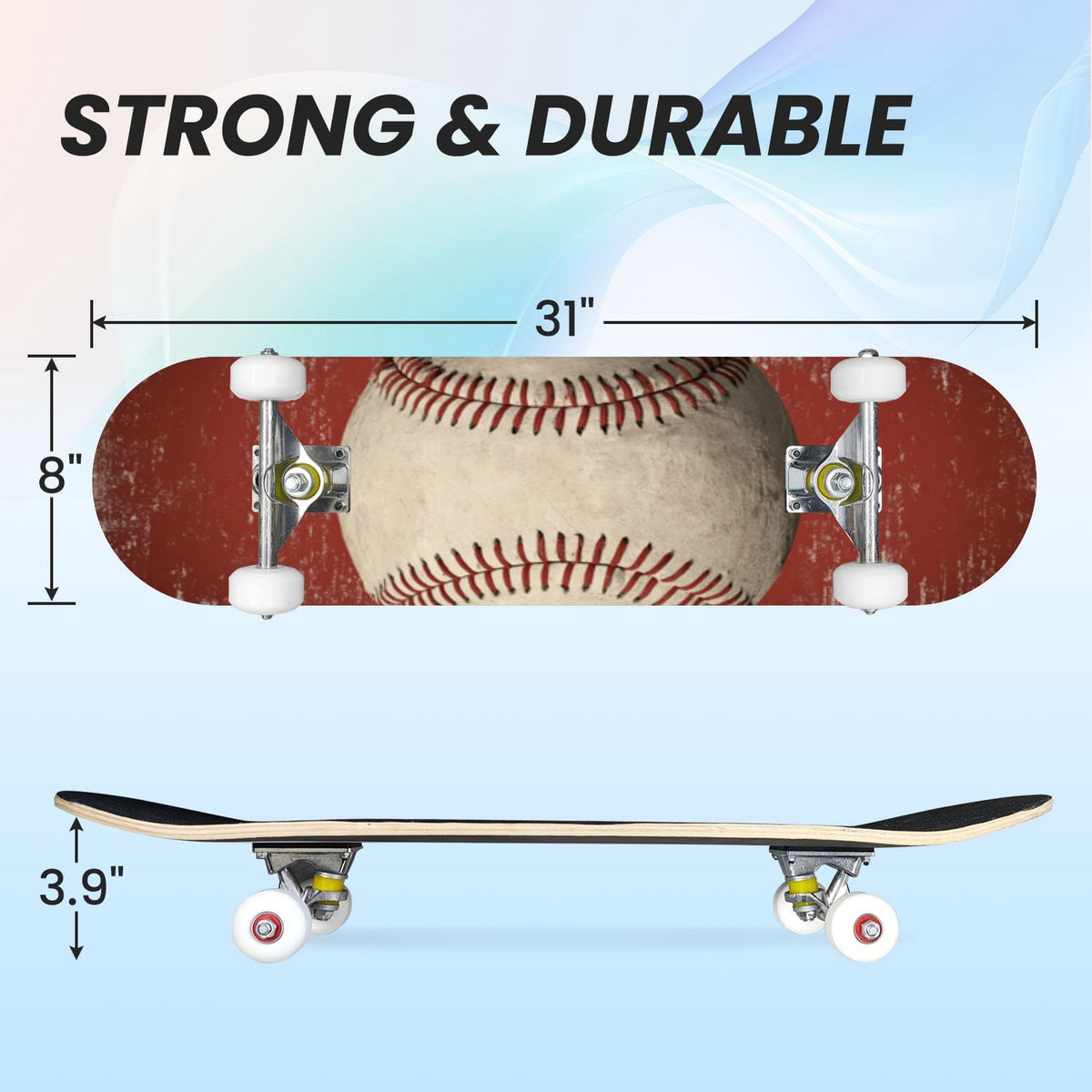 31"x8" Complete Skateboards for Beginners,Vintage Baseball Worn Red Stitches Rustic Double Kick 7 Ply Canadian Maple Deck Skateboard with Wheels, Sports Gifts for Kids Teens