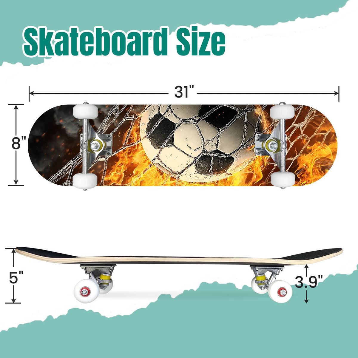 Dynamic Soccer Ball Explosion Energy Effects Stadium 31" x 8" Complete Skateboard, 7-Ply Canadian Maple Double Kick Trick Board for Kids and Beginners Adult Gifts