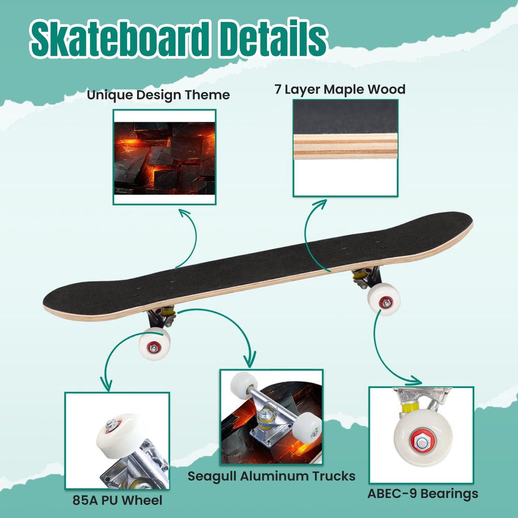 Glowing Futuristic Cubic Tunnel Metallic Tiles Bright Light 31" x 8" Complete Skateboard, 7-Ply Canadian Maple Double Kick Trick Board for Kids and Beginners Adult Gifts