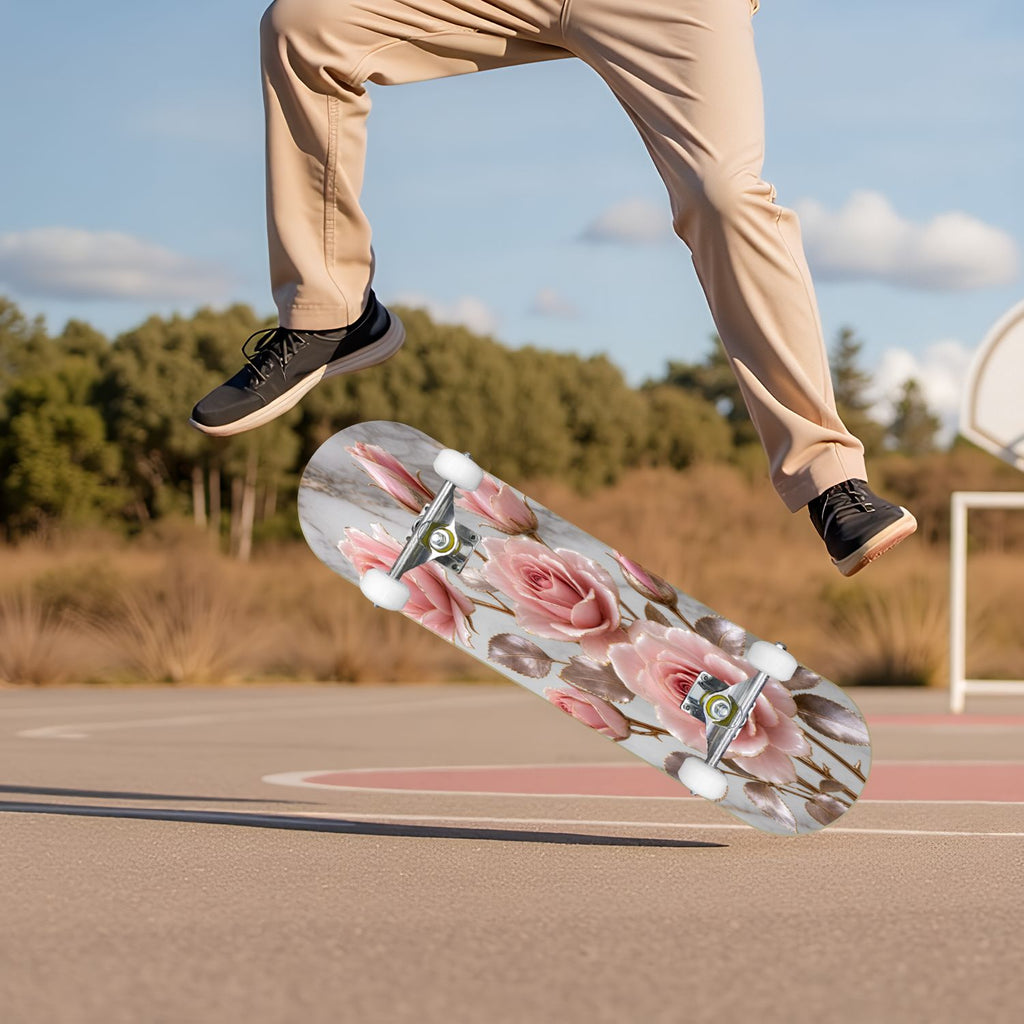 Modern Botanical Watercolor Pink Gold Mint Navy Leaves 31" x 8" Complete Skateboard, 7-Ply Canadian Maple Double Kick Trick Board for Kids and Beginners Adult Gifts