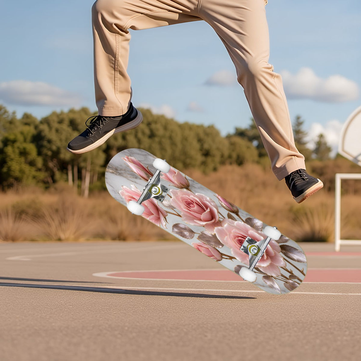 Modern Botanical Watercolor Pink Gold Mint Navy Leaves 31" x 8" Complete Skateboard, 7-Ply Canadian Maple Double Kick Trick Board for Kids and Beginners Adult Gifts