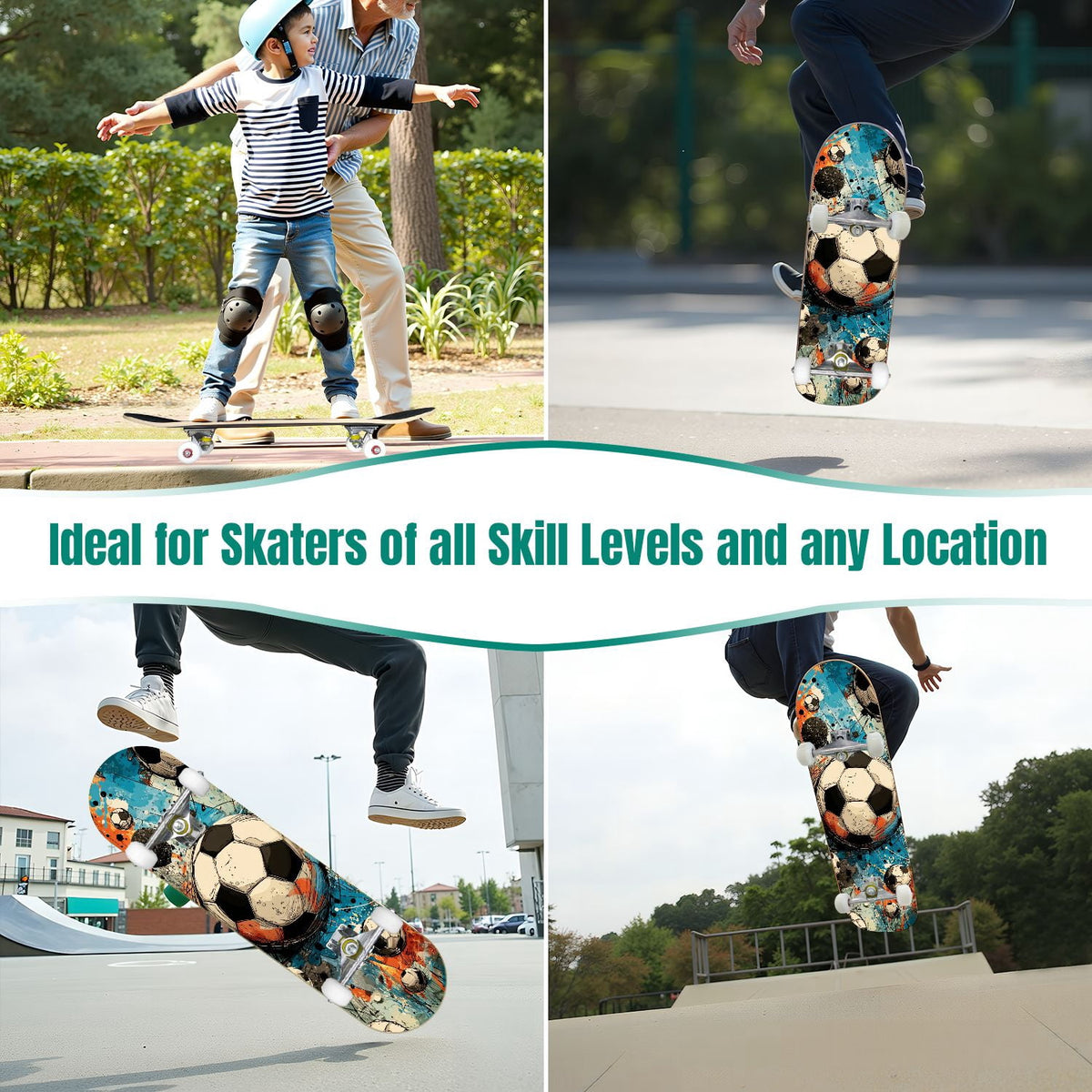 Dynamic Soccer Ball Explosion Energy Effects Stadium 31" x 8" Complete Skateboard, 7-Ply Canadian Maple Double Kick Trick Board for Kids and Beginners Adult Gifts