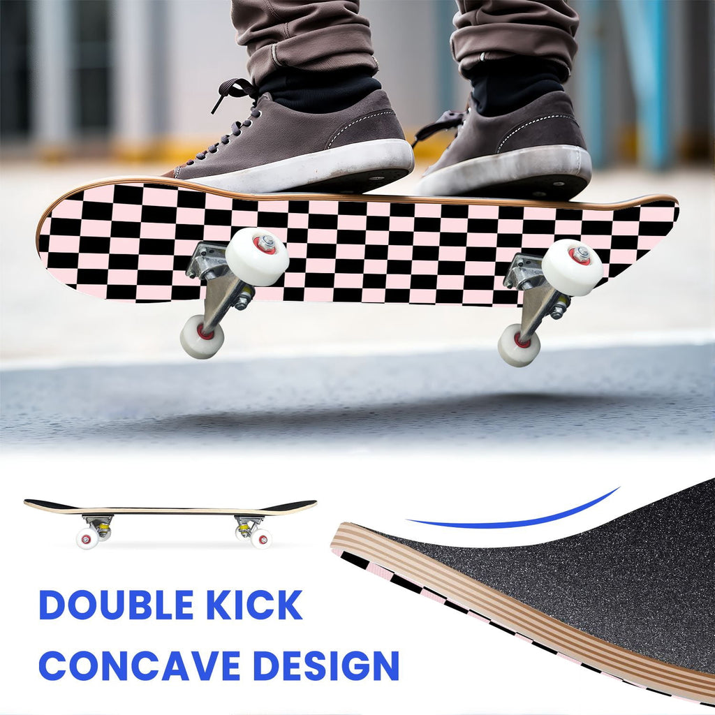 31"x8" Complete Skateboards for Beginners,Black Pink Checkered Retro Aesthetic Double Kick 7 Ply Canadian Maple Deck Skateboard with Wheels, Gifts for Kids Teens