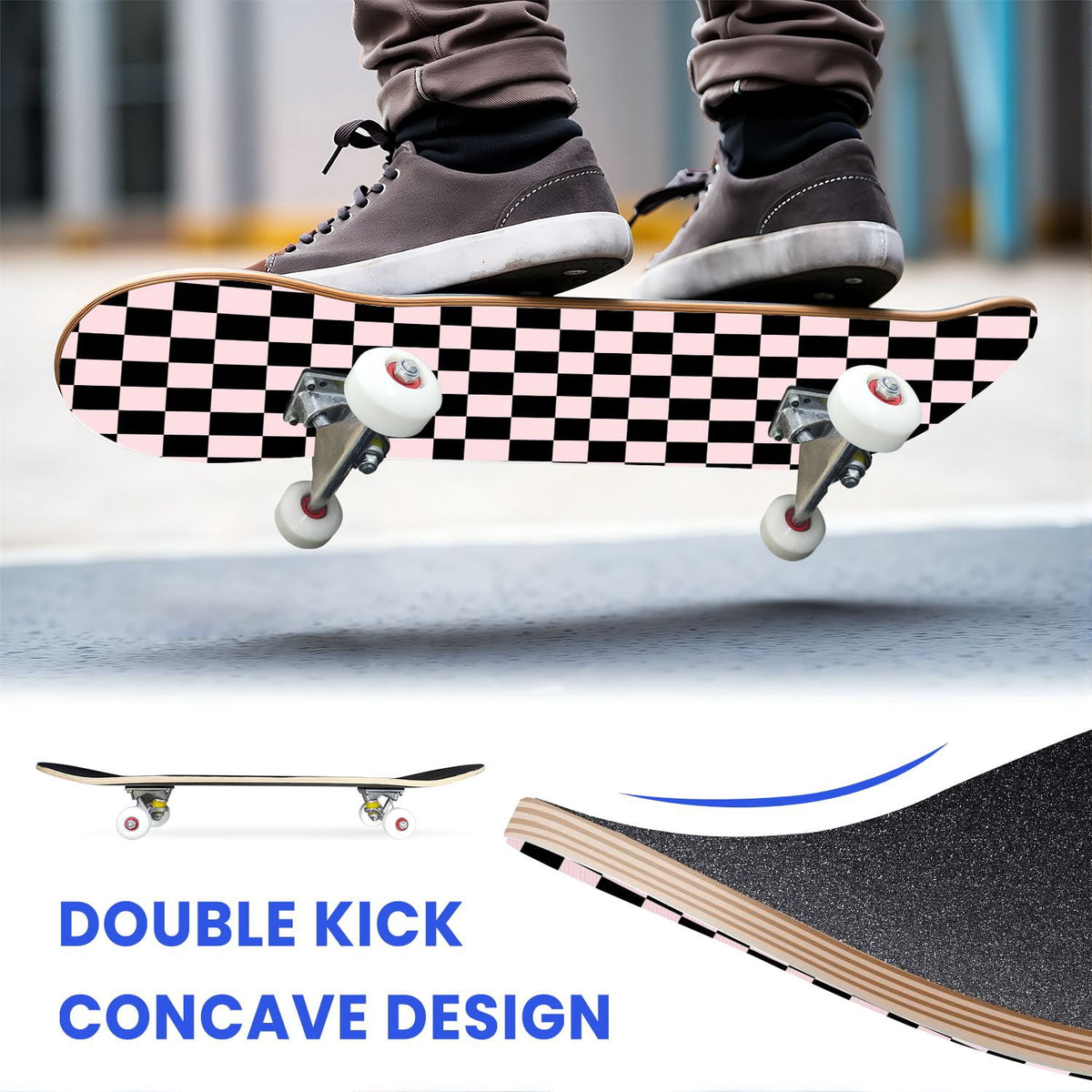 31"x8" Complete Skateboards for Beginners,Black Pink Checkered Retro Aesthetic Double Kick 7 Ply Canadian Maple Deck Skateboard with Wheels, Gifts for Kids Teens