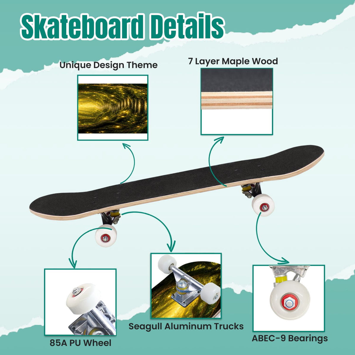 3D Nude Visual Effect Yellowish Brown Layered Chrysanthemum 31" x 8" Complete Skateboard, 7-Ply Canadian Maple Double Kick Trick Board for Kids and Beginners Adult Gifts