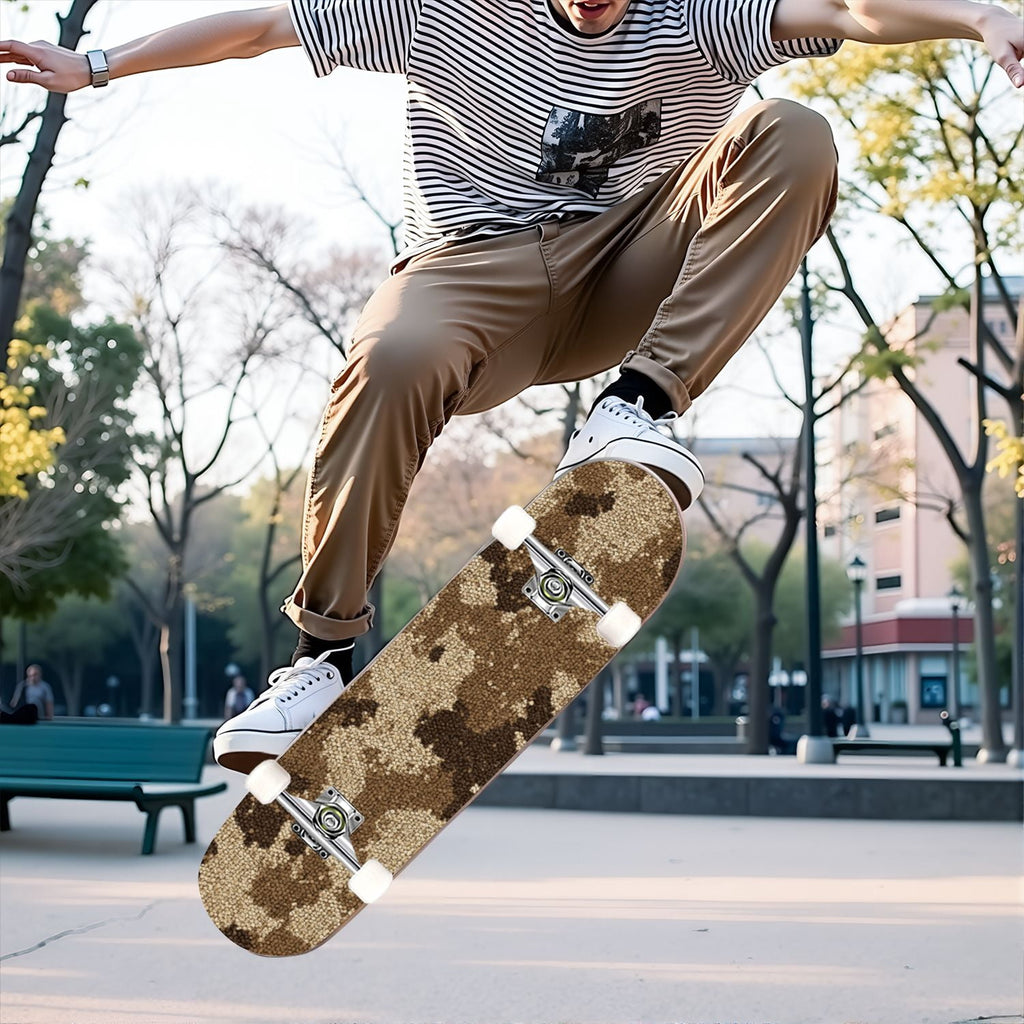31"x8" Complete Skateboards for Beginners,Desert Camouflage Beige Tan Cream Organic Abstract Shapes Double Kick 7 Ply Canadian Maple Deck Skateboard with Wheels, Gifts for Kids Teens