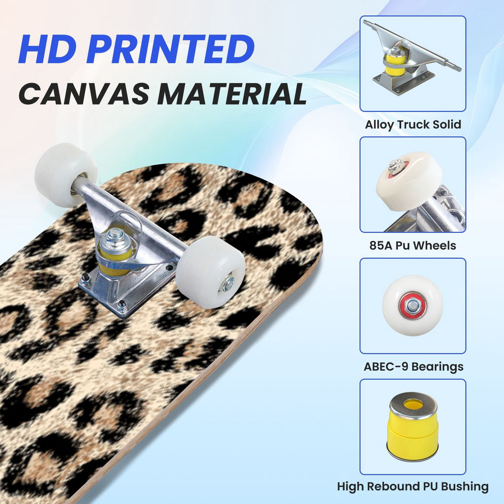 31"x8" Complete Skateboards for Beginners,Black Leopard Print Grey Double Kick 7 Ply Canadian Maple Deck Skateboard with Wheels, Gifts for Kids Teens