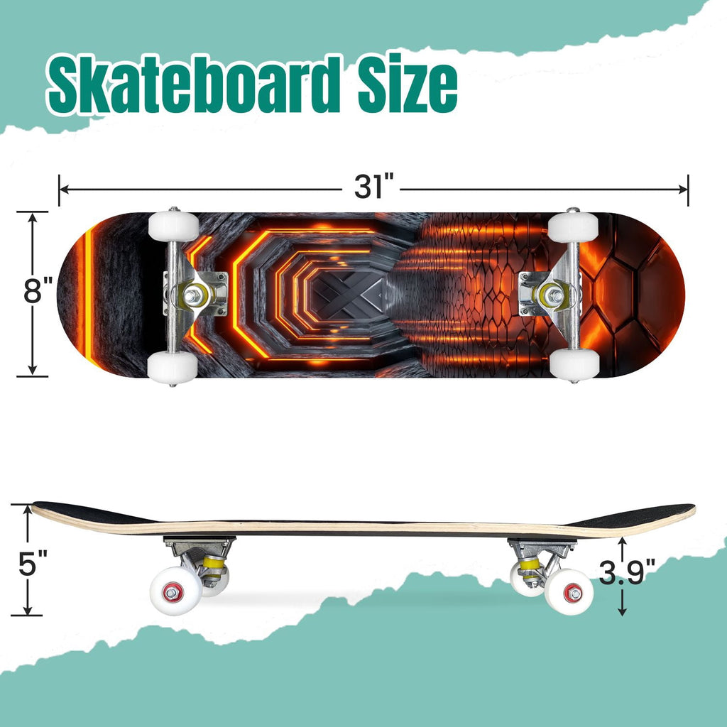 Futuristic Glowing Orange Neon Lines Dark Metallic Panels 31" x 8" Complete Skateboard, 7-Ply Canadian Maple Double Kick Trick Board for Kids and Beginners Adult Gifts