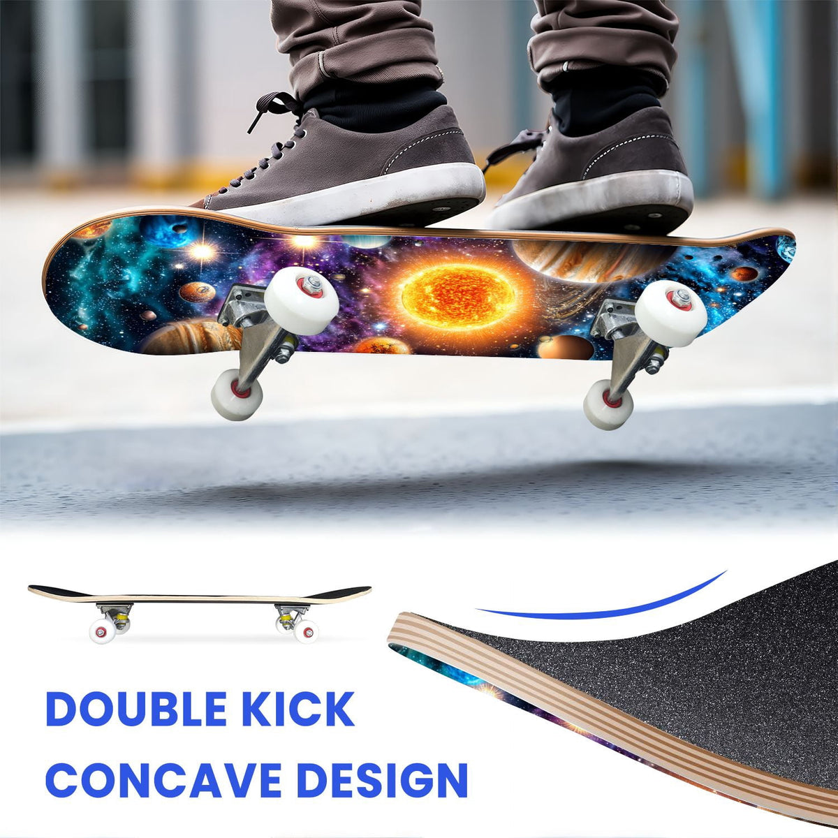 31"x8" Complete Skateboards for Beginners,Geometric Hexagon Glowing Neon Blue Purple Double Kick 7 Ply Canadian Maple Deck Skateboard with Wheels, Gifts for Kids Teens