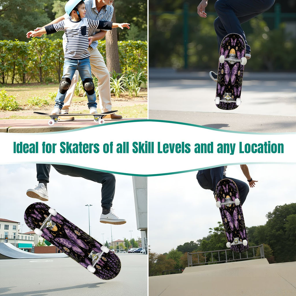 31"x8" Complete Skateboards for Beginners, Blue Moth Moonlight Flowers Mushrooms Forest Double Kick 7 Ply Canadian Maple Deck Skateboard with Wheels, Gifts for Kids Teens