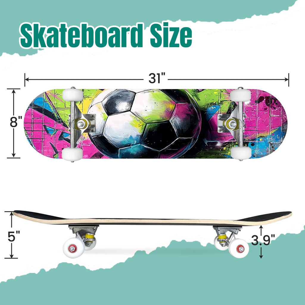 Dynamic Soccer Ball Explosion Energy Effects Stadium 31" x 8" Complete Skateboard, 7-Ply Canadian Maple Double Kick Trick Board for Kids and Beginners Adult Gifts