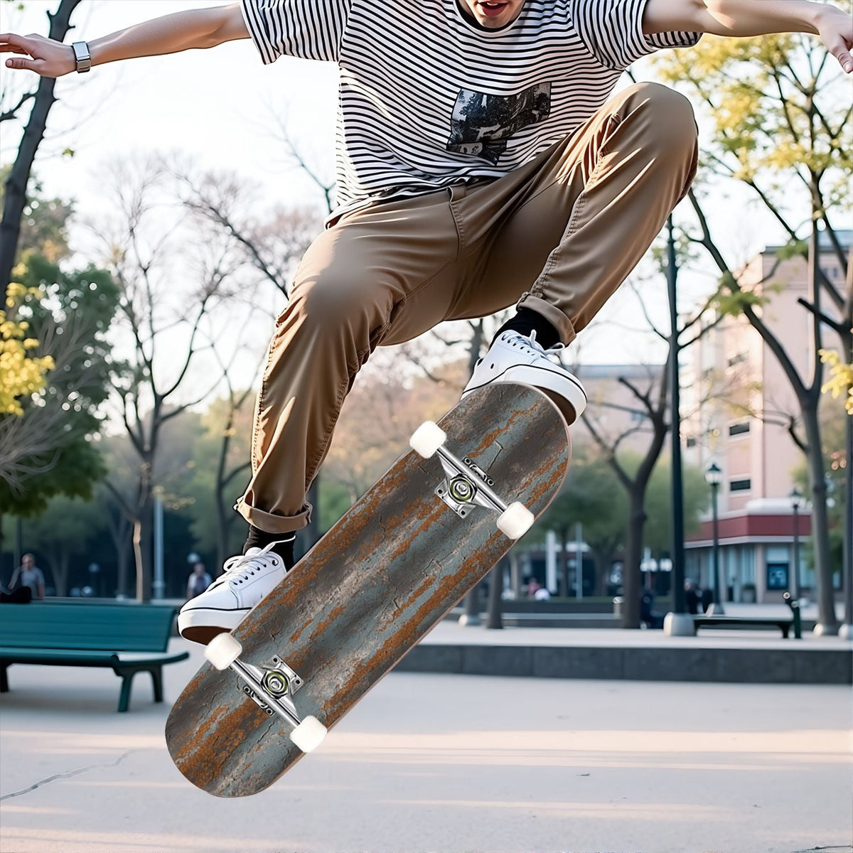 31"x8" Complete Skateboards for Beginners, Vintage Forest Woodland Large Trees Leaves River Cottage Double Kick 7 Ply Canadian Maple Deck Skateboard with Wheels, Gifts for Kids Teens