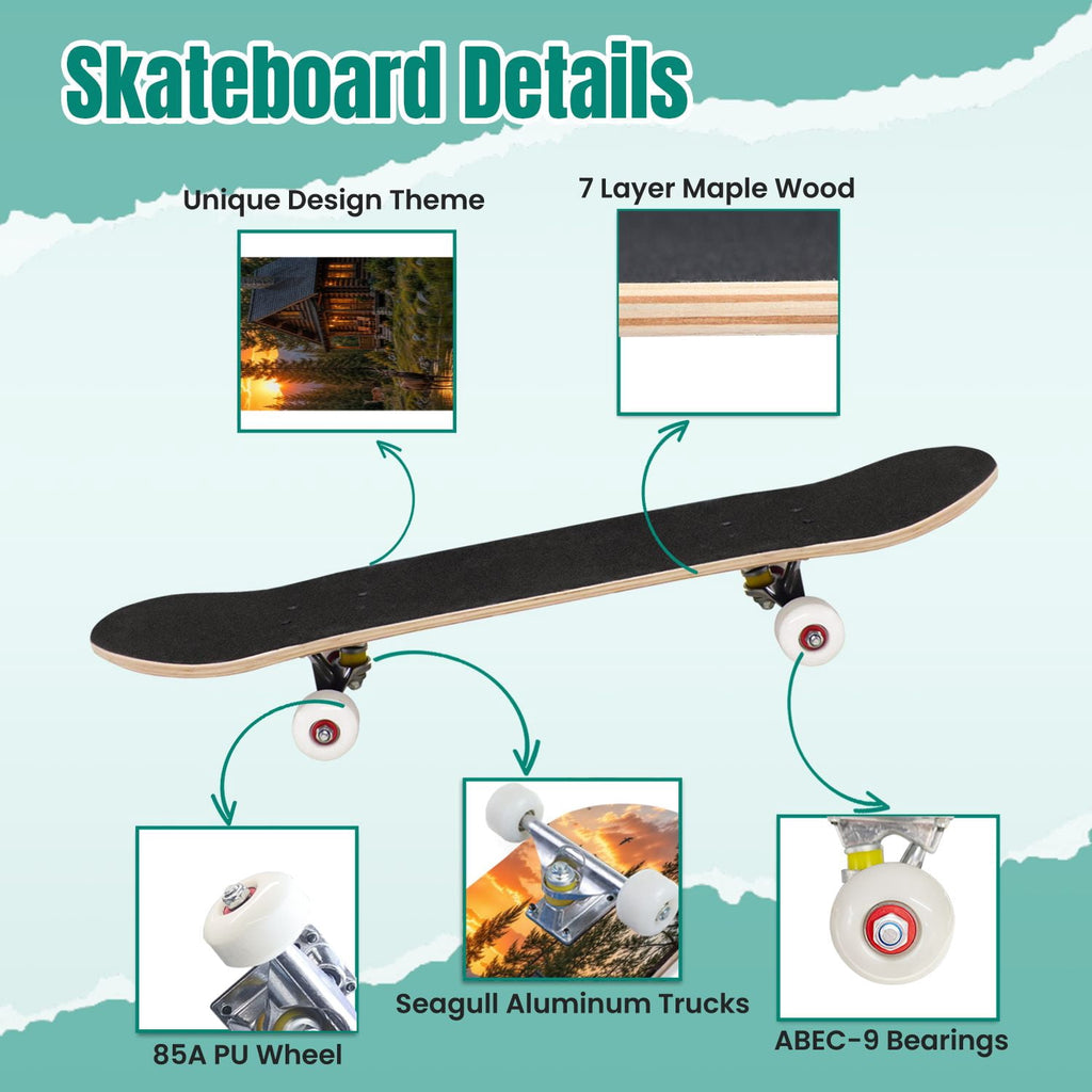 Modern Botanical Watercolor Pink Gold Mint Navy Leaves 31" x 8" Complete Skateboard, 7-Ply Canadian Maple Double Kick Trick Board for Kids and Beginners Adult Gifts