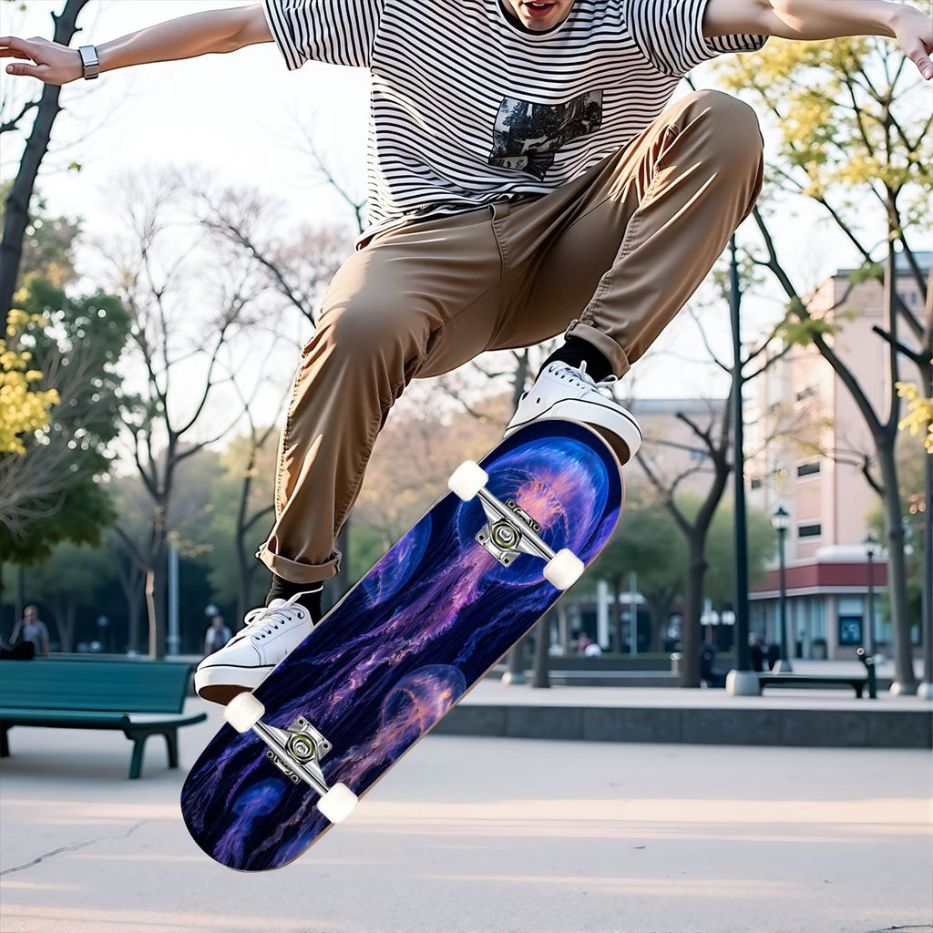 31"x8" Complete Skateboards for Beginners, Underwater Sharks Glowing Purple Jellyfish Marine Life Double Kick 7 Ply Canadian Maple Deck Skateboard with Wheels, Gifts for Kids Teens