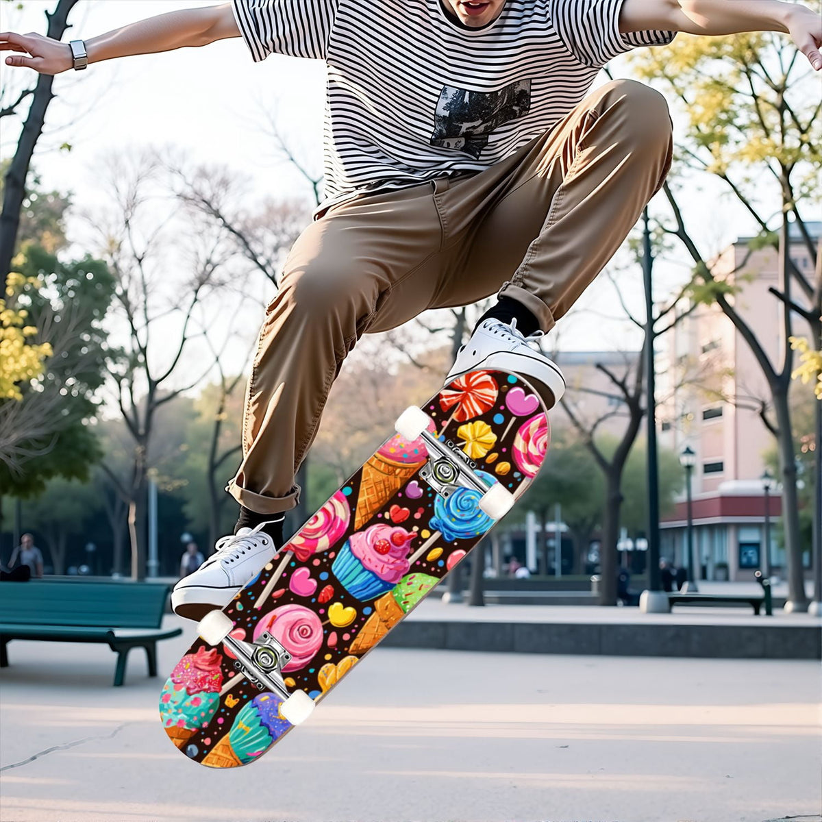 31"x8" Complete Skateboards for Beginners,Cartoon Hand Drawn Ice Cream Doodles Seamless Cones Cupcakes Double Kick 7 Ply Canadian Maple Deck Skateboard with Wheels, Gifts for Kids Teens